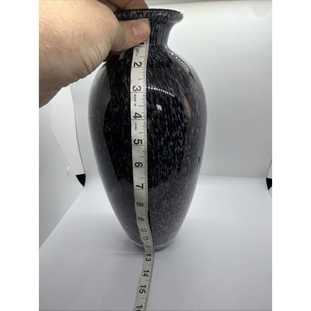 Vintage Murano Style Black Aventurine Art Glass Vase Copper Fleck- Smooth Bottom